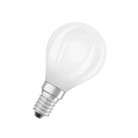 Abbildung von OSRAM Energy Class LED Lampe in klassischer Miniballform, 2.2 W / 470 lm, EEK A, warmweißes Licht (2700 K), CRI 80, aus gefrostetem bleifreiem Glas, E14 Sockel, IP20, 45 mm Durchmesser.