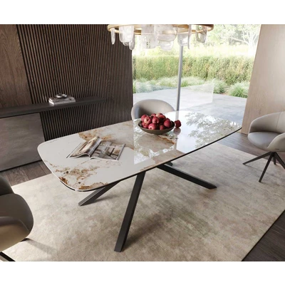 Abbildung von Esstisch Edge Boot 200x100 Keramik Minas Melange Weiß Beige Kreuzgestell Rechteck Schwarz