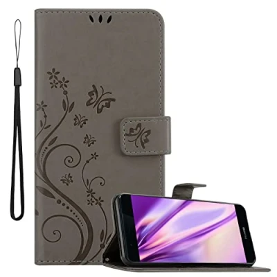 Abbildung von Cadorabo Hülle kompatibel mit Huawei P9 Blumen Design aus Premium Kunst Leder Flip Klappbare Stoßfeste Magnetische [Standfunktion] [Kartenfächern] Cover für Tasche in Grau