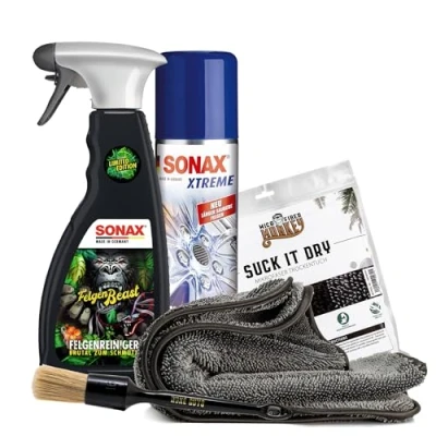 Abbildung von Auto Felgen Reinigung und Versiegelung Set Sonax Xtreme Felgenschutzversiegelung 250 ml + Felgenbeast Felgenreiniger Sonderedition 500 Nuke Guys Felgenpinsel Trockentuch 40x40cm