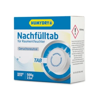 Abbildung von HUMYDRY Nachfüllpack TAB 500g Für Luftentfeuchter ohne Strom Geruchsneutral mittelgroße Räume wie Wohnzimmer, Küche, Schlafzimmer, Badezimmer Beseitigt Feuchtigkeit bis ein optimales Feuchtigkeitsgrad erreicht wird