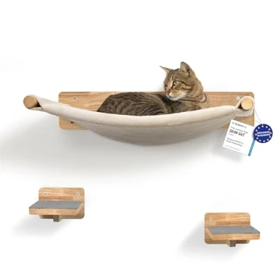 Abbildung von WOOWOOD® Kletterwand Katzen inkl. 2X Katzentreppe Wand [Massivholz] I Kratzbaum Hängematte Katze Katzenwand Wandkratzbaum Katzenmöbel