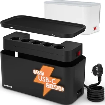 Abbildung von Kabelbox mit Steckdosenleiste USB 5 Fach Steckdose, C und A Schnellladegerät, Überspannungsschutz, 33 x 14 cm Zum Kabel verstecken, Kabelmanagement Box, Schwarz ACROPAQ