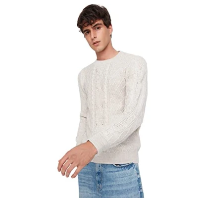 Abbildung von TRENDYOL Herren Pullover mit Rundhalsausschnitt, Einfarbig Sweatshirt, Greige, S EU