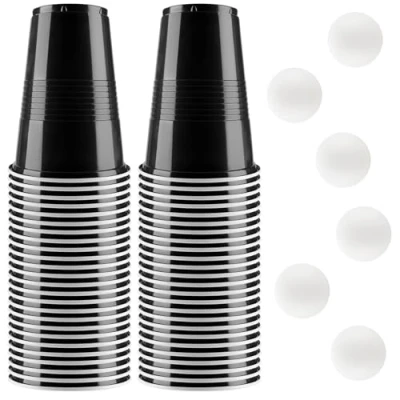 Abbildung von Bierpong Becher Set, Beer Pong Enthält 6 Tischtennisbälle und 50 Becher, 500ML Beerpongbecher, Wiederverwendbare Partybecher für Weihnachten Party Geburtstag Festivals Hochzeit Camping(Schwarz）
