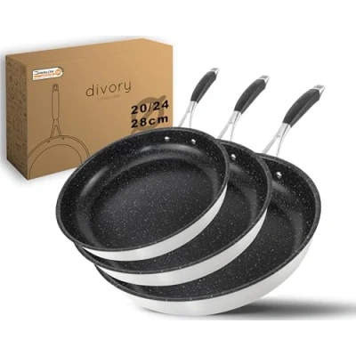 Abbildung von DIVORY Edelstahl Pfanne 20, 24, 28cm ULTIME Induktion I Antihaft beschichtete Bratpfannen Set für alle Herdarten Induktionspfanne, Ergonomischer Griff, Spülmaschinen geeignet (20, 28cm, Schwarz)