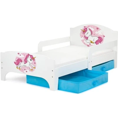 Abbildung von Leomark SMART Einzelbett aus Holz Lovely Unicorn Kinderbett mit Schubladen für Bettwäsche Matratze, Stauraum, Rausfallschutz Lattenrost, Liegefläche 140 x 70 cm