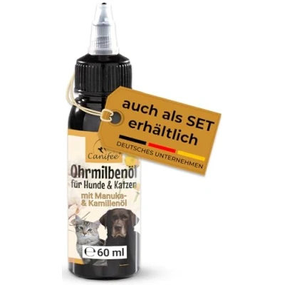 Abbildung von Canifee Ohrentropfen für Hunde und Katzen, Ohrenmilbenöl mit Manuka Öl bei Hefepilz Ohrmilben, 60ml Flasche fein einstellbarem Dosierkopf, natürliches Pflegeöl gegen Entzündungen