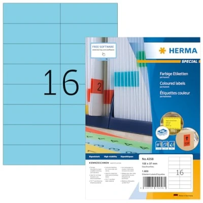 Abbildung von HERMA 4258 Farbige Etiketten blau, 100 Blatt, 105 x 37 mm, 16 pro A4 Bogen, 1600 Stück, selbstklebend, bedruckbar, matt, blanko Papier Farbetiketten Aufkleber
