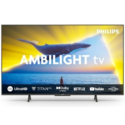 Abbildung von Philips Ambilight 65PUS8109 4K LED Smart TV 65 Zoll Display mit Pixel präziser Ultra HD, Titan OS Plattform und Dolby Atmos, Funktioniert Alexa Google Sprachassistent Satiniertes Chrom