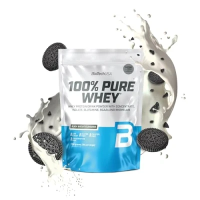 Abbildung von BioTechUSA 100% Pure Whey Proteinpulver mit BCAA und Glutamin Glutenfrei, Palmölfrei 21g Protein pro Portion, 454 g, Black Biscuit