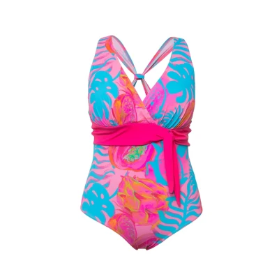 Abbildung von Ulla Popken NEON LEAF Print Badeanzug, Damen, Größe: 52, Turquoise blue