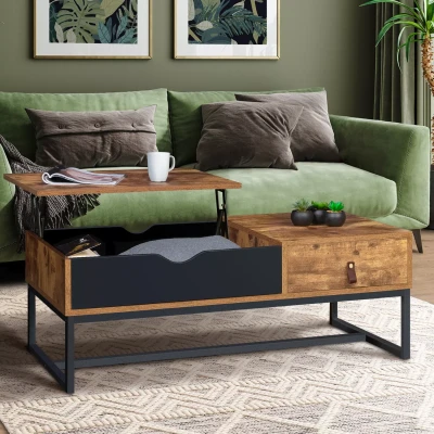 Abbildung von IDMarket Couchtisch, aufklappbare Platte, rechteckig, Chicago, 1 Schublade, industrielles Design