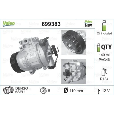 Abbildung von VALEO NEW ORIGINAL PART 699383 Kompressor 6SEU12 12 PAG 46 R 134a mit Kompressoröl VOLKSWAGEN: Polo IV Schrägheck, Golf 4 Schrägheck