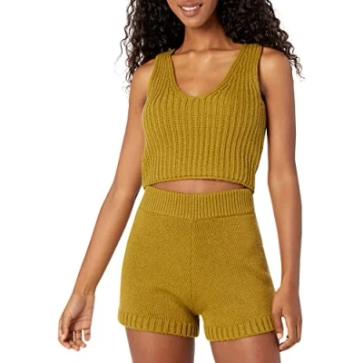 Abbildung von The Drop Damen Sylvie Rippstrick Tanktop mit V Ausschnitt vorn und hinten, strukturiert, bauchfrei, Olivenöl, M