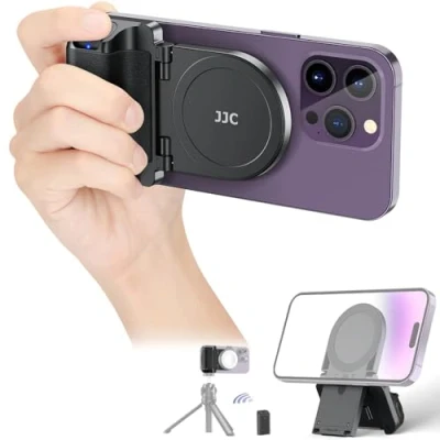 Abbildung von JJC Magsafe Magnetischer Handy Griff mit Bluetooth Fernbedienung für iPhone 15 14 13 &amp; Android Smartphone, Ständer Tisch Stativ Adapter Schwarz