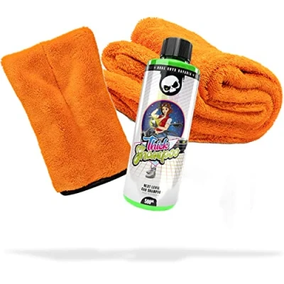 Abbildung von detailmate Auto Wasch und Trockenset: Nuke Guys Thick Shampoo Autoshampoo 500ml + Mikrofaser Präzisionshandschuh Orange Gamma Dryer Trockentuch XXL für die optimale Handwäsche