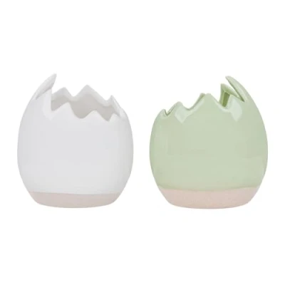 Abbildung von Levandeo® Dekoobjekt, 2er Set Eierschale Deko Blumentopf H11cm Keramik Weiß Grün
