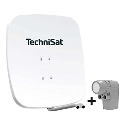 Abbildung von TechniSat SATMAN 65 PLUS Satellitenschüssel für 4 Teilnehmer (65 cm Sat Komplettanlage, Spiegel mit Masthalterung und UNYSAT Universal Quattro Switch LNB im Wetterschutz Gehäuse) weiß