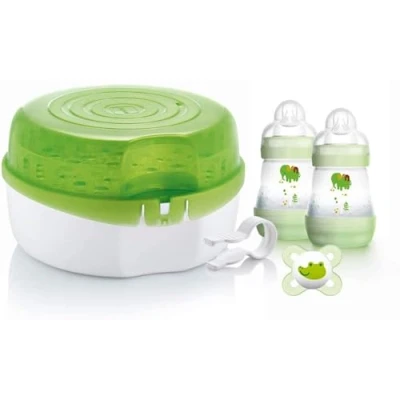Abbildung von MAM Microwave Steam Steriliser, Comes with 2 x Easy Start Self Sterilising Anti Colic Baby Bottles and Soother, Bottle Steriliser for Babies