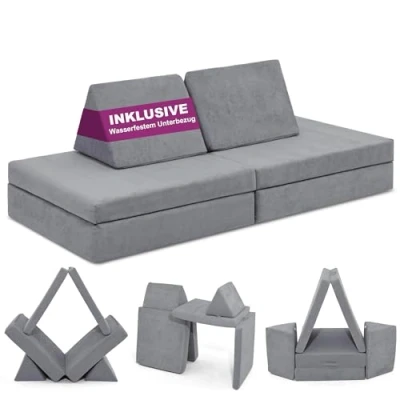 Abbildung von Linodino® Spielsofa Kindersofa aus Schaumstoff Bausteine für Kinder &amp; Kuschelecke im Kinderzimmer [OHNE Harte Teile] 10 Farben zur Wahl Delfin Grau