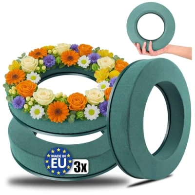 Abbildung von com four® 3X Steckmasse für Blumengestecke in Ringform Steckschaum Frischblumen Steckschwamm zum Basteln Hochzeit, Ostern und Geburtstag (03 Stück Ring)