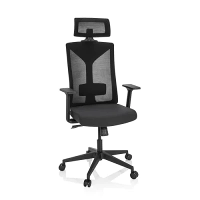 Abbildung von hjh OFFICE 751007 Profi Bürostuhl Kodiak Stoff/Netz Schwarz Drehstuhl ergonomisch, Kopfstütze höhenverstellbar, Netzrücken