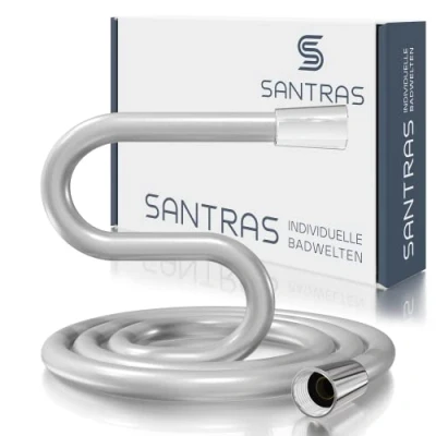 Abbildung von SANTRAS® Duschschlauch PREMIUM Chrom 1,50 m MADE in GERMANY mit Wassersparer Besonders flexibel und verdrehsicher DURCHFLUSSBEGRENZER Brauseschlauch Edelstahloptik aus Easy Clean Material