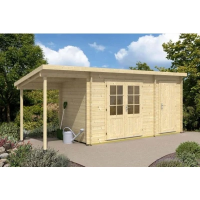 Abbildung von Alpholz Gartenhaus Martina 28 mit Anbau aus Massiv Holz, Gerätehaus mm Wandstärke, Garten Holzhaus inklusive Montagematerial, Geräteschuppen Größe: 450 x 350 cm, Satteldach