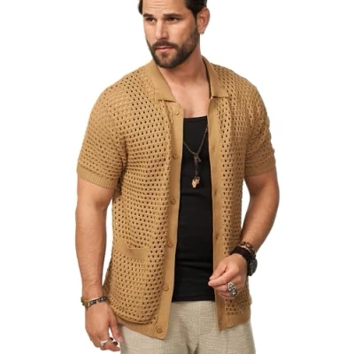 Abbildung von Soulstar Herren Poloshirt Crochet Kurzarm Cardigan Knit Strick Polo T Shirt Freizeit Männer Hemd Men&#039;s Sommer Fit S2_JITTERBURG Tan L