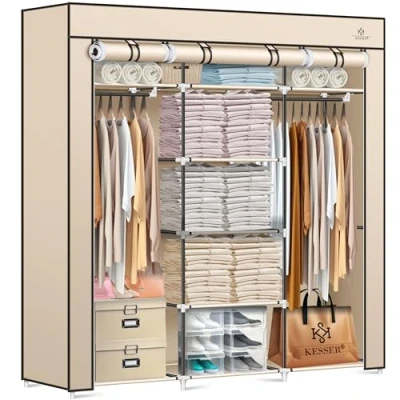 Abbildung von KESSER® Kleiderschrank Stoffschrank Stabil mit Kleiderstange &amp; Ablagen, Inkl. 5X Kleiderbügel, Stoff Faltschrank für Schlafzimmer, Ankleidezimmer Garderobe Kleiderständer 150x45x175cm Beige