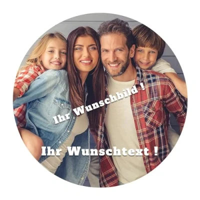 Abbildung von J&amp;M DECO Essbare Fondant Tortenaufleger, Tortenbild, mit Wunschfoto und Wunschtext selbst gestalten Foto &amp; Text Tortendeko gebrauchsfertig ohne schneiden (RUND, 20cm Durchmesser)