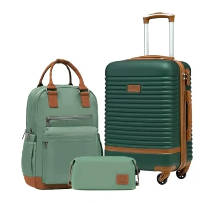 Abbildung von COOLIFE Koffer Trolley Reisekoffer von ABS Hartschalen 4 Rollen TSA Schloss Der Enthält 1 Reiserucksack und Kulturbeutel (Dunkelgrün/Braun, Handgepäck Set 3tlg)