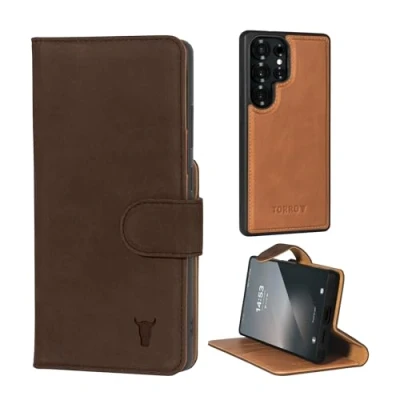 Abbildung von TORRO Nubuk Lederhülle kompatibel mit Samsung Galaxy S25 Ultra 5G 2025 Leder Bumper Hülle Magnetisch Abnehmbarer Brieftasche Ständer (Nubuk Dunkelbraun)