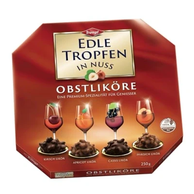 Abbildung von Edle Tropfen in Nuss Obstliköre 250g, flüssig gefüllte Schokoladenpralinen mit Milchschokoladen Überzug und knackigen Haselnuss Splittern