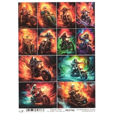 Abbildung von Josys Bastelmärchen Reispapier A4 Strohseide Decoupage Halloween Motorrad Bike Skelett Skull RE4766