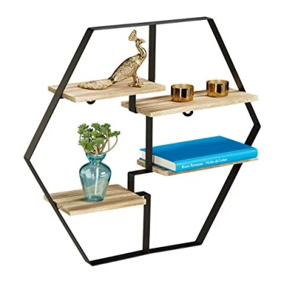 Abbildung von Relaxdays Hexagon Regal für die Wand, 4 Ablagen, Holz &amp; Eisen, sechseckiges Wandregal HBT 52x60x12 cm, schwarz/natur