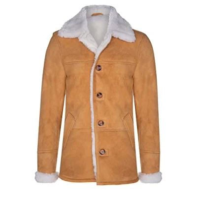 Abbildung von Infinity Leather Herren Tan Braun Schaffell Real Shearling Klassisch Wildleder Automantel 3XL