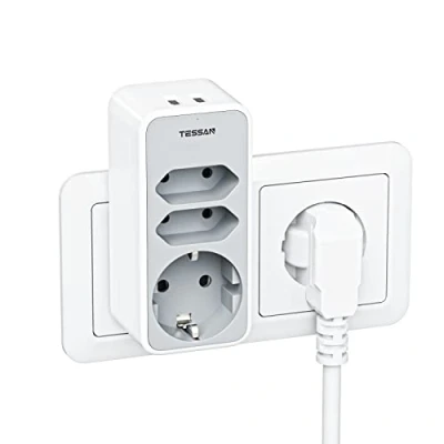 Abbildung von TESSAN Doppelstecker für Steckdose, 3600W Steckdosenadapter, Mehrfachstecker 3 Fach Steckdosenadapter mit 2 USB, Doppelsteckdose USB Stecker, Stecker Kompatibel Phone, Grau