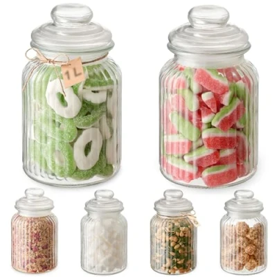 Abbildung von Praknu Vorratsglas 6er Set Bonbonglas Mit Deckel Groß 1L, Glas, (Set, 6 tlg), Candy Bar Gläser Luftdicht Etiketten Für Kekse, Süßigkeiten