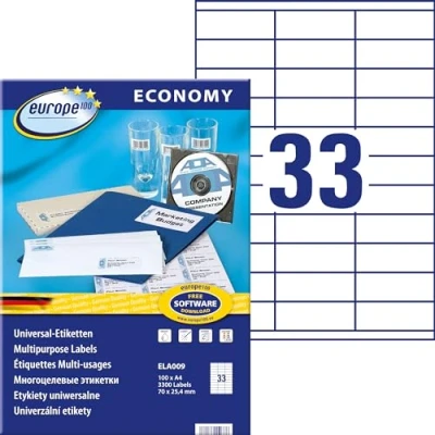 Abbildung von Europe100 Art. ELA009 Universal Etiketten (3.300 Klebeetiketten, 70x25,4mm auf A4, Papier matt, individuell bedruckbar, selbstklebende Aufkleber, kompatibel zu AVERY 3421) 100 Blatt, weiß