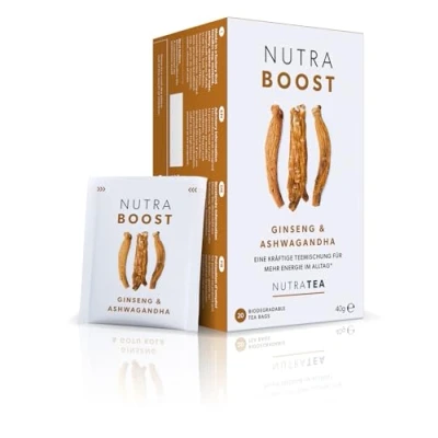 Abbildung von Nutra Tea NUTRABOOST, Ashwagandha Tee hilft körperliche und emotionale Ausdauer zu optimieren, wirkt Stressresistent fördert Konzentration, 40 wiederverwendbare Teebeutel, Stressfrei