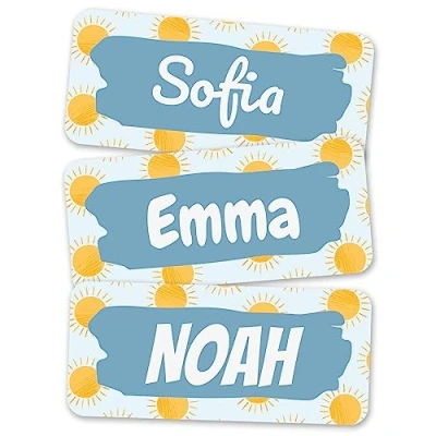 Abbildung von melu kids® Personalisierte Namensaufkleber Kinder Kleidung &amp; Sonstiges (100 Stück) Kita/Schule Namensschilder waschmaschinenfest und personalisiert (Sonne)