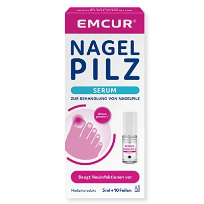 Abbildung von Emcur® Serum mit Behandlungsplan 10 Nagelfeilen Zehennägel Fingernägel als Fläschchen Applikator 5 ml I ausreichend für bis zu 3 Monate