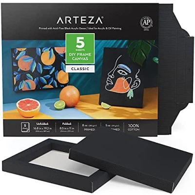 Abbildung von Arteza DIY Leinwand Rahmen, 5 Blatt, 21.33 x 27.94 cm gefaltet, 100% Baumwolle, 226.79g schwarze zum Bemalen, Malkarton für Acrylfarben, Ölmalerei und Zeichnungen