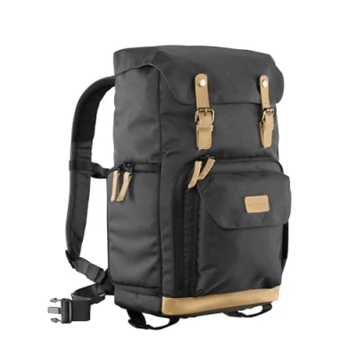 Abbildung von Mantona Luis Retro Fotorucksack (mit Echtleder Applikationen, inkl. Regenschutzhülle, flexible Einteilung und Laptopfach, geeignet für 1x DSLR Kamera, 3x Objektive diverses Fotozubehör) schwarz