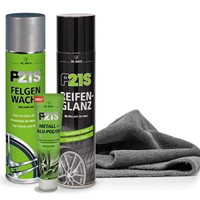 Abbildung von detailmate Dr. Wack Reifen &amp; Felgen Pflegeset: P21S Glanz 400ml + Wachs Metall /Alu Polish 100ml Edgeless Greylow Mikrofasertuch 40x40cm, 380GSM