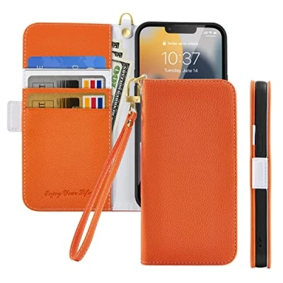 Abbildung von Tiyoo Flip Handyhülle für Samsung Galaxy A51, Premium Magnetische Wallet Case Handyschutz, Litschi Muster PU Leder mit Kartenfächer und Handschlaufe, Stoßfeste Orange