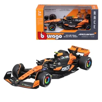 Abbildung von Bburago Formel 1 McLaren Team MCL38 (2024): Modellauto im Maßstab 1:43, von Fahrer #4 Lando Norris, Window Box, 12,5 cm, schwarz orange (18 38214N)