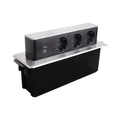 Abbildung von ORNO GM 9014(GS)/B G Versenkbare Einbau Steckdosenleiste 3 Fach mit 2 x USB 3680W Anschlussfertig 2m Kabellänge Schukokabel,Farbe: Schwarz und Silber (3 Steckplätze)